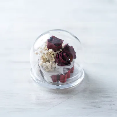 【赤バラ&かすみ草】の立体保存加工|ガラスドーム②スモール【決済専用商品】